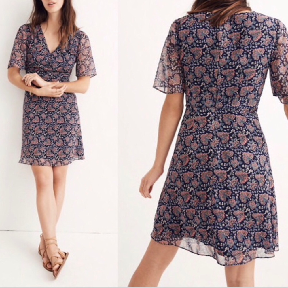 Madewell Orchard Size 4 Dress Floral Flutter Sleeve Fit & Flare A Line
